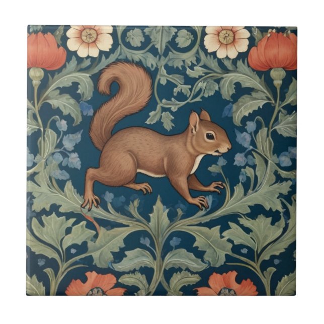 Squirrel William Morris stil Höger Facing Blommigt Kakelplatta (Framsidan)