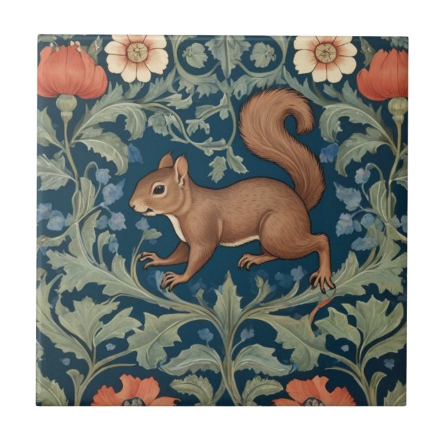 Squirrel William Morris stil Lämnat Facing Blommig Kakelplatta (Framsidan)