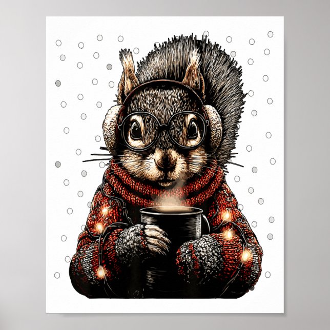 Squirrel With Gles Christmas Lights Funny Coffee W Poster (Framsidan)