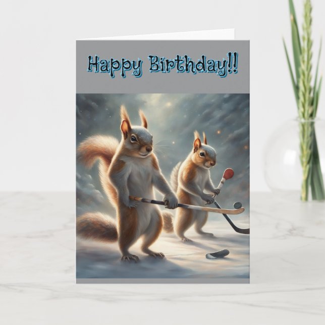 Squirrels playing Hockey Birthday Kort (Framsida)
