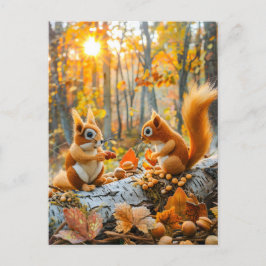 Squirrels Samling Acorns on Forest Golv Vykort