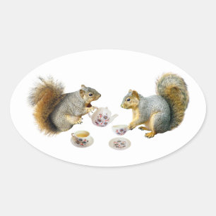 Squirrels Tea Party Sticker Ovalt Klistermärke
