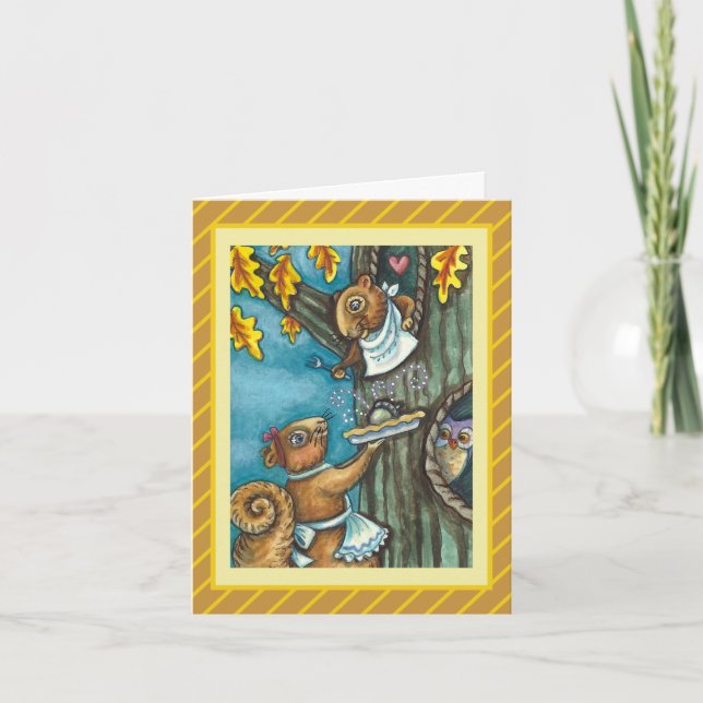 SQUIRRELS & UGGLA THANKSGIVING, HOMEMADE ACORN PAJ HELGKORT (Framsida)