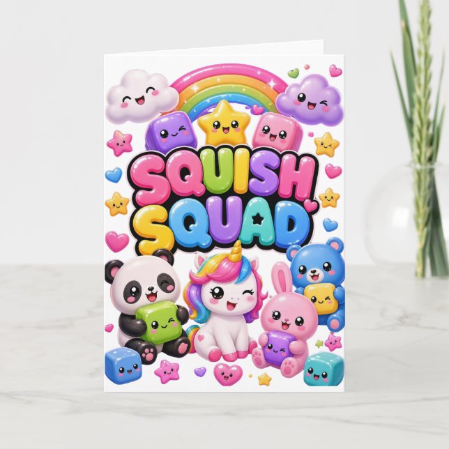Squish Squad Glittrande Regnbåge Panda Enhörning S Kort (Framsida)