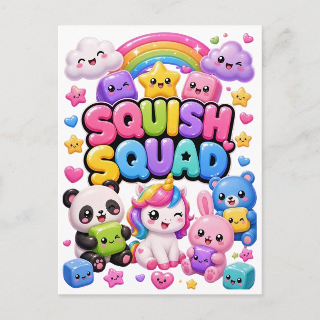 Squish Squad Glittrig Regnbåge Panda Enhörning Söt Vykort (Framsida)