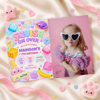 Squishy Tjej Söt Kawaii Färgglad Födelsedagsfoto Inbjudningar