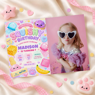 Squishy Tjej Söt Kawaii Färgglad Födelsedagsfoto Inbjudningar