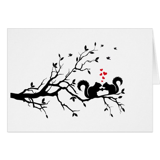 Squrrels med röda hjärtor på trädgren hälsningskort (Framsidan Horizontal)