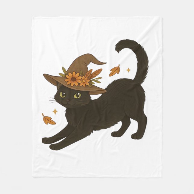 Sretching Black Cat - Witchy Autumn Classic T-Shi Fleecefilt (Framsidan)