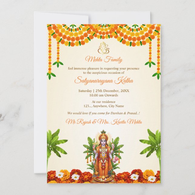 Sri Satyanarayan Bhagwan Puja Inbjudningskort (Framsida)