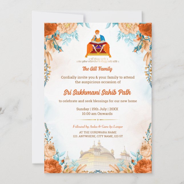Sri Sukhmani Sahib Path Invitation till Inflyttnin Inbjudningar (Framsida)