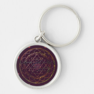 Sri Yantra4 Keychain Rund Silverfärgad Nyckelring