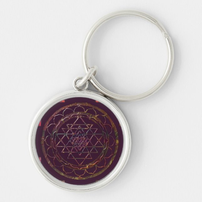 Sri Yantra4 Keychain Rund Silverfärgad Nyckelring (Framsidan)