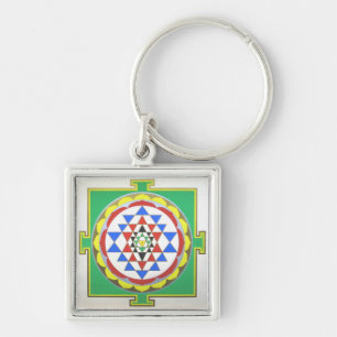Sri Yantra Helig Geometri - Exakta Färger Fyrkantig Silverfärgad Nyckelring
