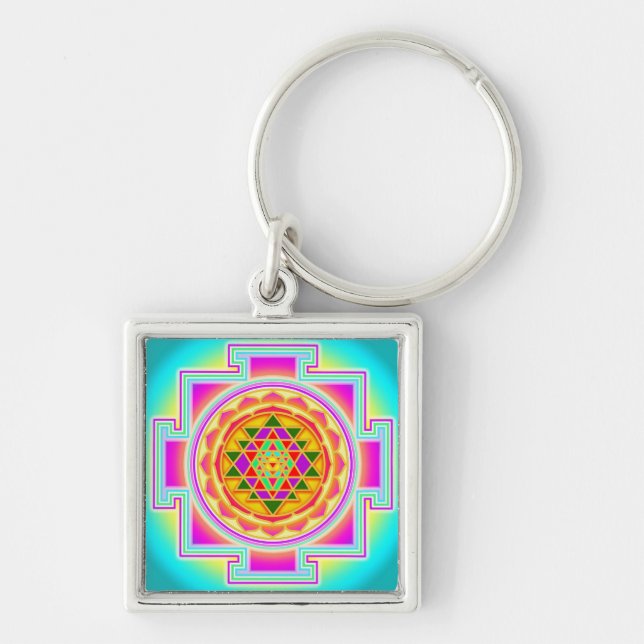 Sri Yantra Sacred Geometry Fyrkantig Silverfärgad Nyckelring (Framsidan)