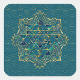 Sri Yantra/Sri Chakra Guld, Marble and Teal Fyrkantigt Klistermärke
