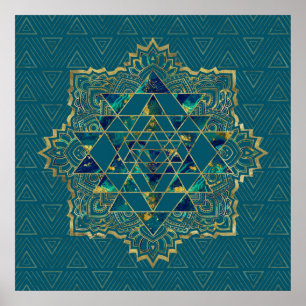 Sri Yantra/Sri Chakra Guld, Marble and Teal Poster