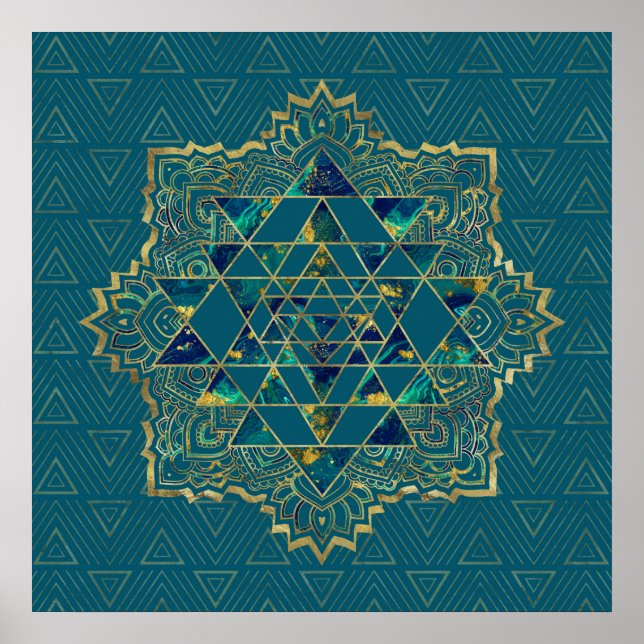 Sri Yantra/Sri Chakra Guld, Marble and Teal Poster (Framsidan)