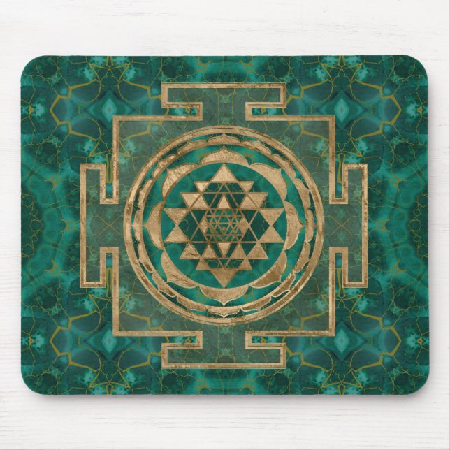 Sri Yantra/Sri Chakra Malachite och guld Musmatta (Framsidan)
