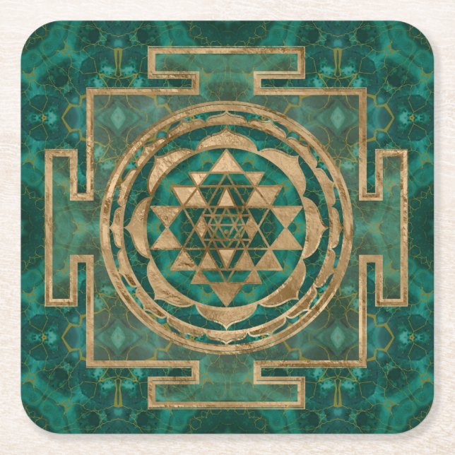 Sri Yantra/Sri Chakra Malachite och guld Underlägg Papper Kvadrat (Framsidan)