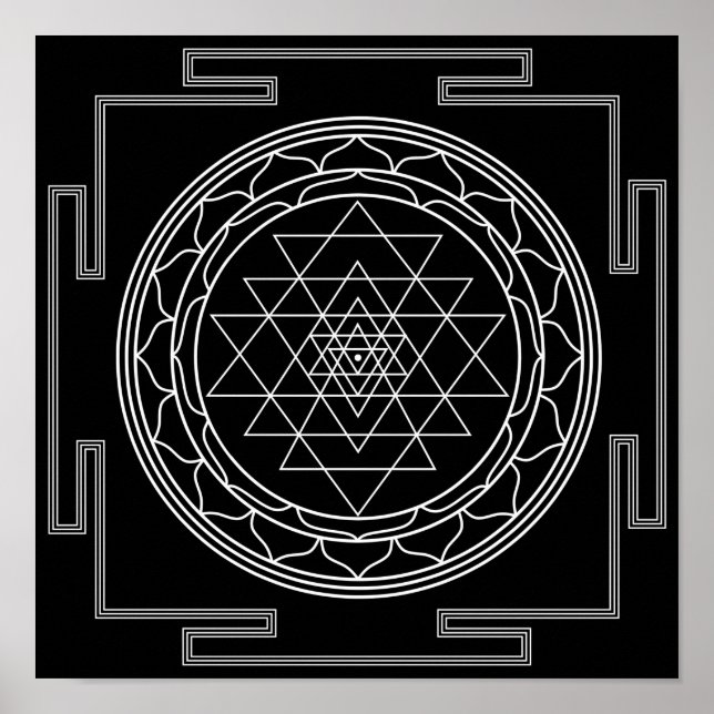 Sri Yantra White på Black Poster (Framsidan)