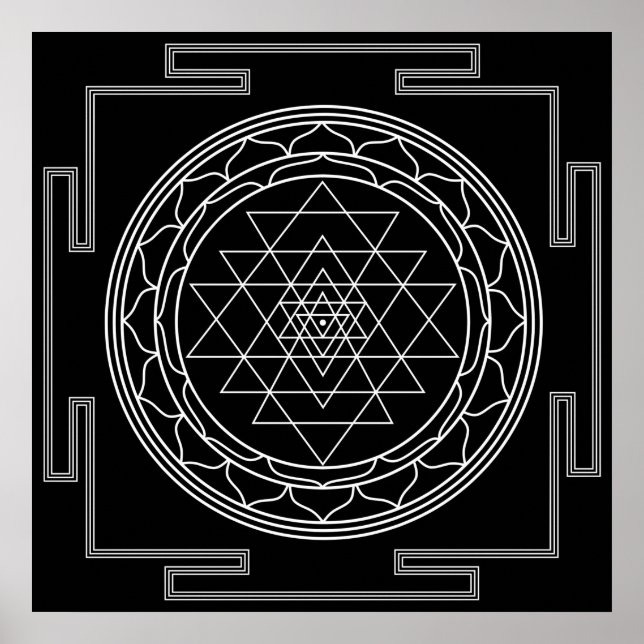 Sri Yantra White på Black Poster (Framsidan)
