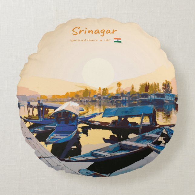 Srinagar, Indien - Dal Lake Shikara-båtar Rund Kudde (Framsidan)