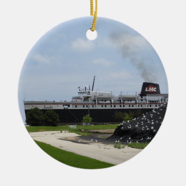 SS Badger Coal Frakt Loading in Manitowoc WI Julgransprydnad Keramik (Framsidan)