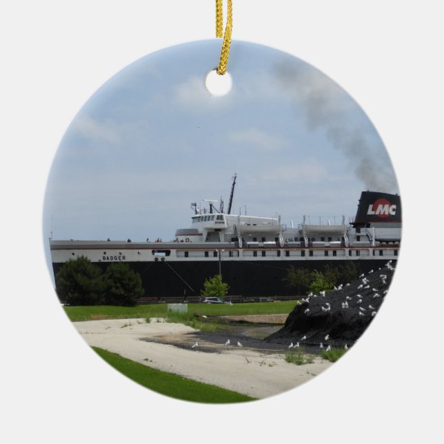 SS Badger Coal Frakt Manitowoc, WI Julafton Orname Julgransprydnad Keramik (Framsidan)