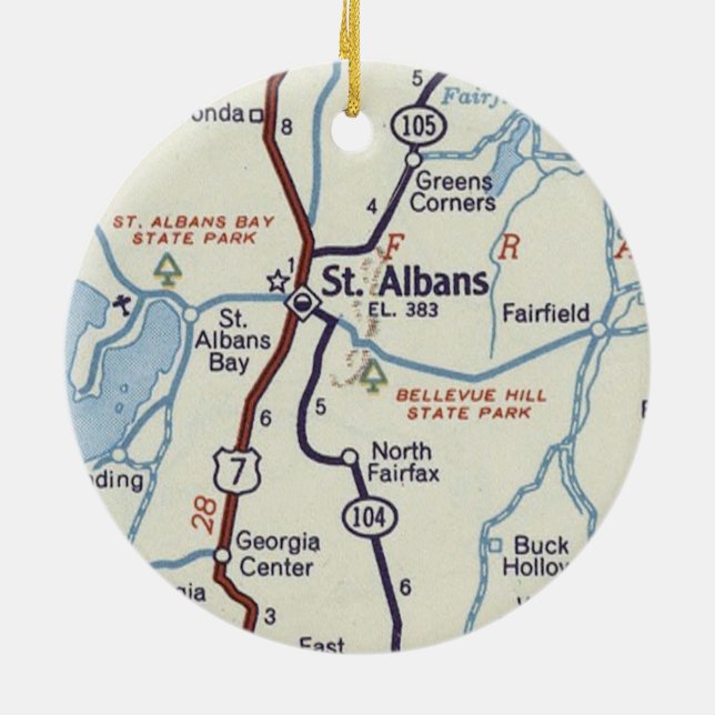 St. Albans Vermont Vintage Karta Julgransprydnad Keramik (Baksidan)
