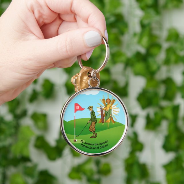 St. Andrew och Dapper Male Golfer Rund Silverfärgad Nyckelring (Hand)