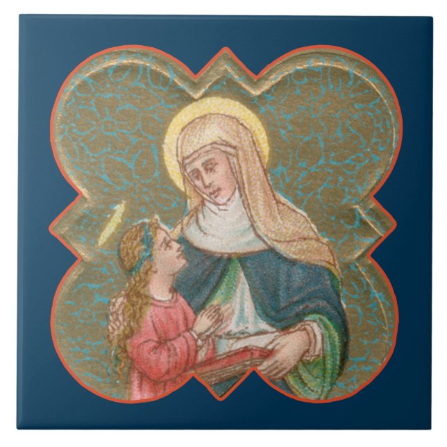 St. Anne och BVM i en Barbed Quatrefoil (BK67) Kakelplatta (Framsidan)