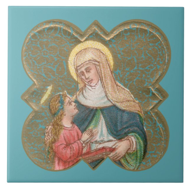 St. Anne och BVM i en Barbed Quatrefoil (BK67) Kakelplatta (Framsidan)