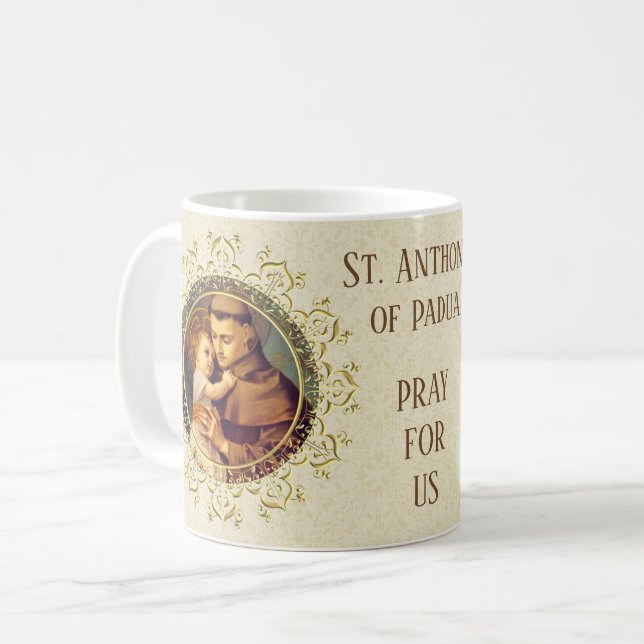 St Anthony av den Padua babyJesus religiösan Kaffemugg (Framsida vänster)