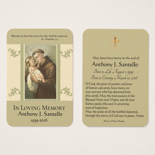 St. Anthony Baby Jesus Funeral Heliga Card Visitkort (Framsida & baksida)