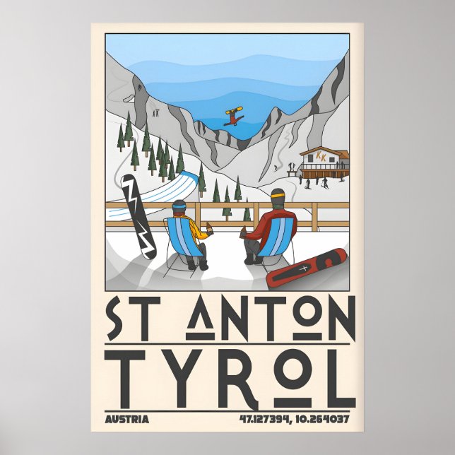 St Anton Tyrol skidruck, stuga och berg Poster (Framsidan)