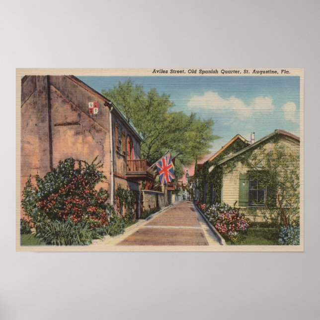 St. Augustine, FL - Aviles St. på Gamla spanska Poster (Framsidan)