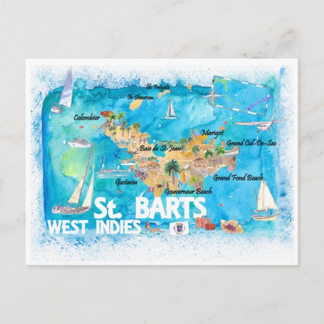 St Barts Antilles Illustrated Caribbean Karta Vykort (Framsida)