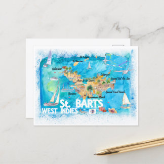 St Barts Antilles Illustrated Caribbean Karta Vykort