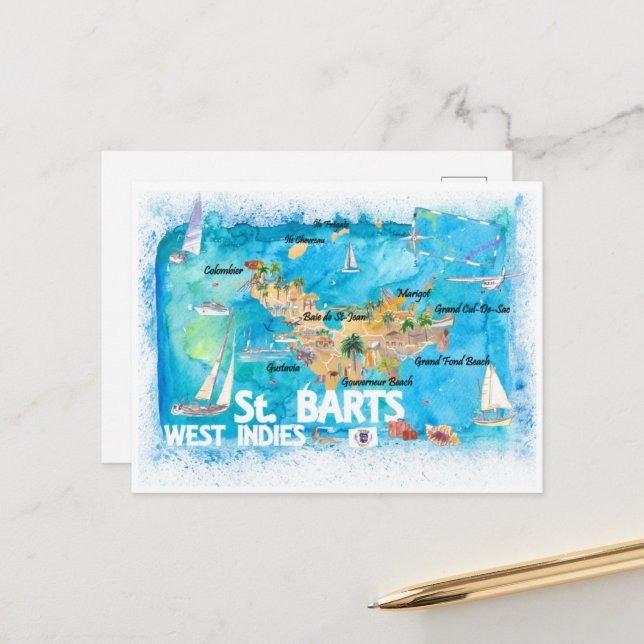 St Barts Antilles Illustrated Caribbean Karta Vykort (Fram/Back In Situ)