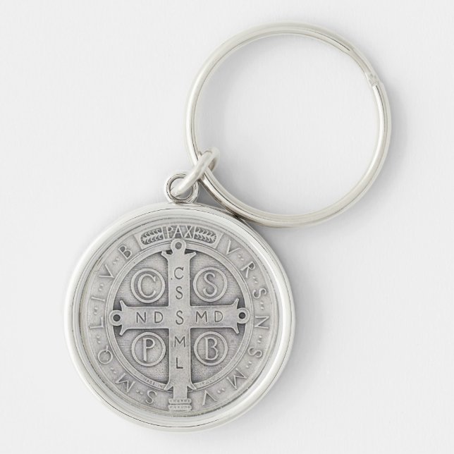 St Benedict Keychain Rund Silverfärgad Nyckelring (Framsidan)