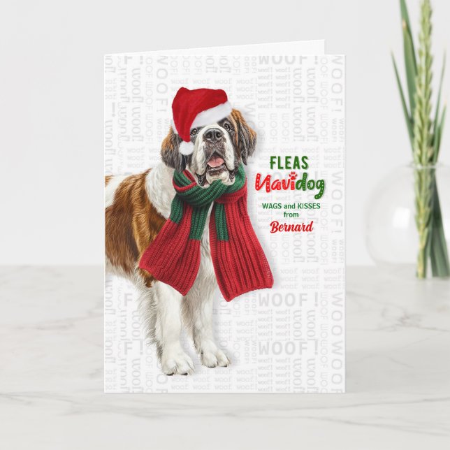 St Bernard Dog Funny Fleas Navidog with Name Helgkort (Framsida)