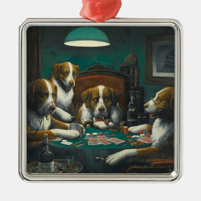 St Bernard Hundar Poker (Kitsch Animal Art) Julgransprydnad Metall (Framsidan)