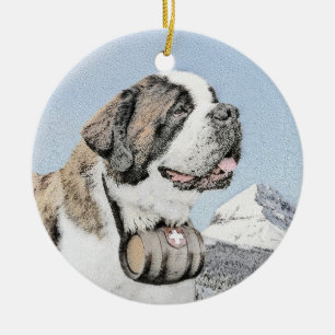 St Bernard målning - gullig original- hundkonst Julgransprydnad Keramik
