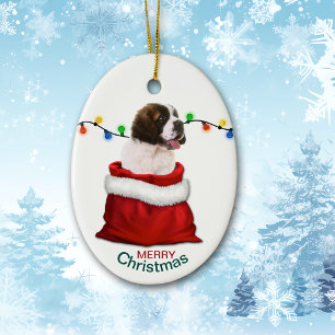 St Bernard Puppy Hund in Helgdag Gift Bag Julgransprydnad Keramik