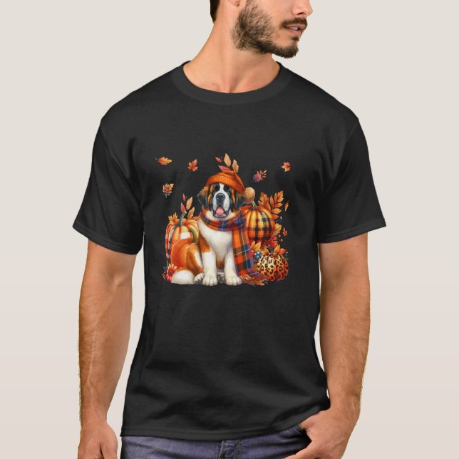 St Bernard Thanksgiving Leopard Pumpkins Fall Leav T Shirt (Framsida)
