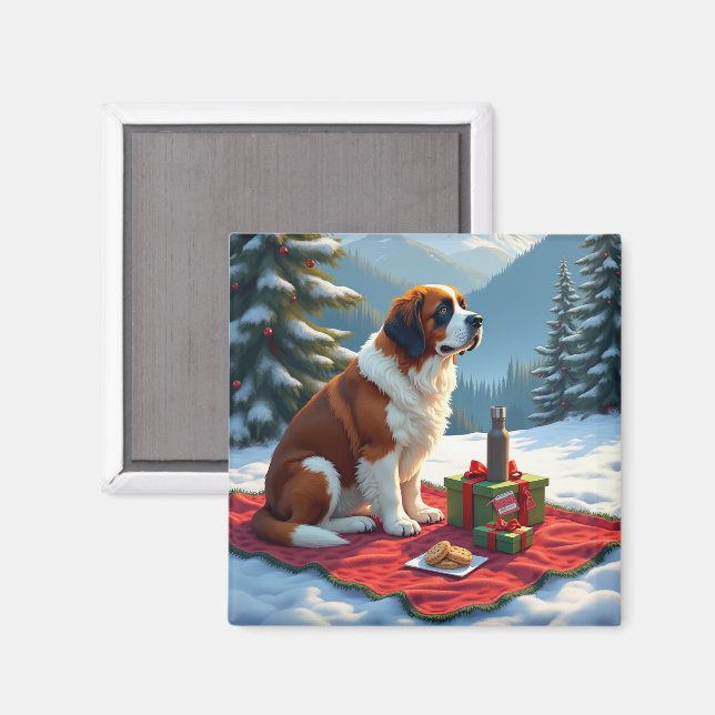 St. Bernard Vinterpicknick Julmålning Magnet (Front/Back)