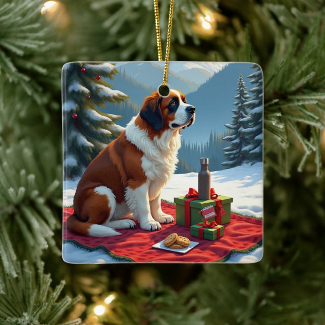 St. Bernard Winter Picnic Christmas Painting Julgransprydnad Keramik (Träd)
