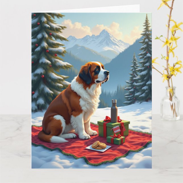 St. Bernard Winter Picnic Christmas Painting Kort (Gul blomma)