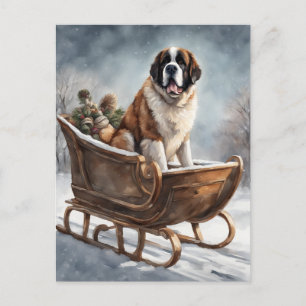 St Bernard Winter Sleigh Scene Vykort